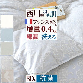 マラソン★最大5,000円クーポン ダウンケット 西川 セミダブル 羽毛肌掛け布団 夏 洗える 増量0.4kg フランス産ホワイトダウン85％ 東京西川 西川リビング 肌掛け布団 羽毛布団 夏用 抗菌 羽毛肌布団 セミダブルロングサイズ 丸洗い ウォッ