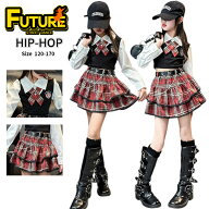 赤 チェック柄 キッズ ダンス衣装 セットアップ k-pop 衣装 女の子 トップス 長袖 シャツ スカート ヒッ…