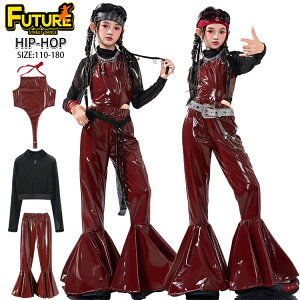 ワインレッド フレアパンツ PU レオタード 赤 トップス キッズダンス衣装 セットアップ 女の子 黒 長袖 レトロ ダンス パンツ ゆったり 韓国 アイドル 衣装 チア衣装 チアダンス k-pop 衣装 ヒ