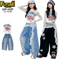 デニムパンツ 青 ダメージ k-pop 衣装 キッズダンス衣装 セットアップ ヒップホップ キャミソール へそ出…