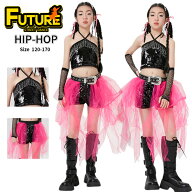 キッズダンス衣装 セットアップ ブラック スパンコール チア k-pop 衣装 へそ出し ピンク キラキラ タン…