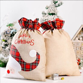 クリスマス ギフト用 プレゼント袋 Merry Xma サンタ トナカイ 巾着袋 袋のみ 両絞りタイプ ワンサイズ ギフト用バッグ ラッピング袋 大袋 麻風 ジュート風 梱包 包装 赤 チェック柄 リボン レッド クリスマスプレゼント クリスマス用品 かわいい 幼稚園 保育園