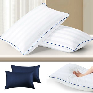 【.co.jp】Bolinker 枕 まくら 綿100% ホテル い ホテルまくら 通気性 高反発枕 丸洗い可能 両面 柔らかい 美しいストライプ模様(43*63*20 CM)2個入りです(ネイビー枕カバー2個付属)