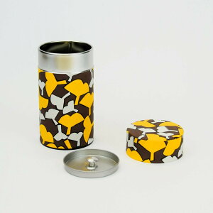 茶缶 銀杏柄 日本製 幸せの文様 手染め和紙 茶筒 中ふた付き | イエロー (黄) グレー 和柄 | お茶 保存容器 密閉 遮光 茶葉保存 キャニスター缶 スチール缶 | 粉末茶 コーヒー 紅茶 スパイス 乾