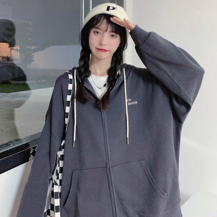 楽天市場 セール対象商品 今ならlineお友達登録で100円off 韓国ファッション レディース トップス パーカー ジップアップパーカー おしゃれ かっこいい エンボスプリント バックロゴ 薄手 ホワイト グレー ピンク Fwat