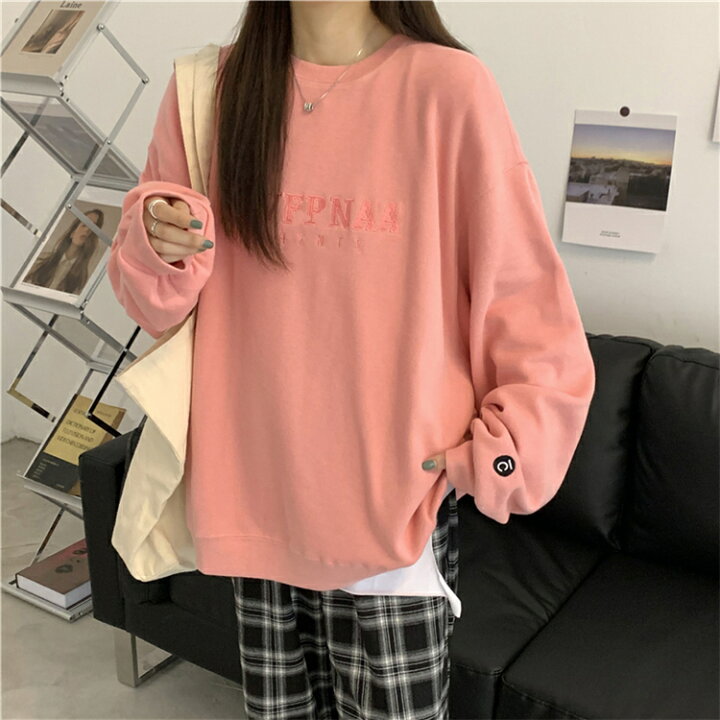 楽天市場 今ならlineお友達登録で100円off トップス レディース 長袖 トレーナー スウェット 韓国 韓国ファッション ワンポイントロゴ シンプル 柔らか素材 らくちん ピンク パープル ブルー オレンジ フリーサイズ 10代 代 30代 カジュアル 可愛い 秋 Fwat