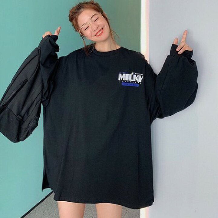 楽天市場 送料無料 韓国ファッション 韓国服 デカt ビックtシャツ ぶかぶかtシャツ レディース 長袖tシャツ ロンt ゆったり カジュアル シンプル かわいい おしゃれ かっこいい 春 春服 ロゴｔ ホワイト ブラック 白 黒 白ｔ Fwat