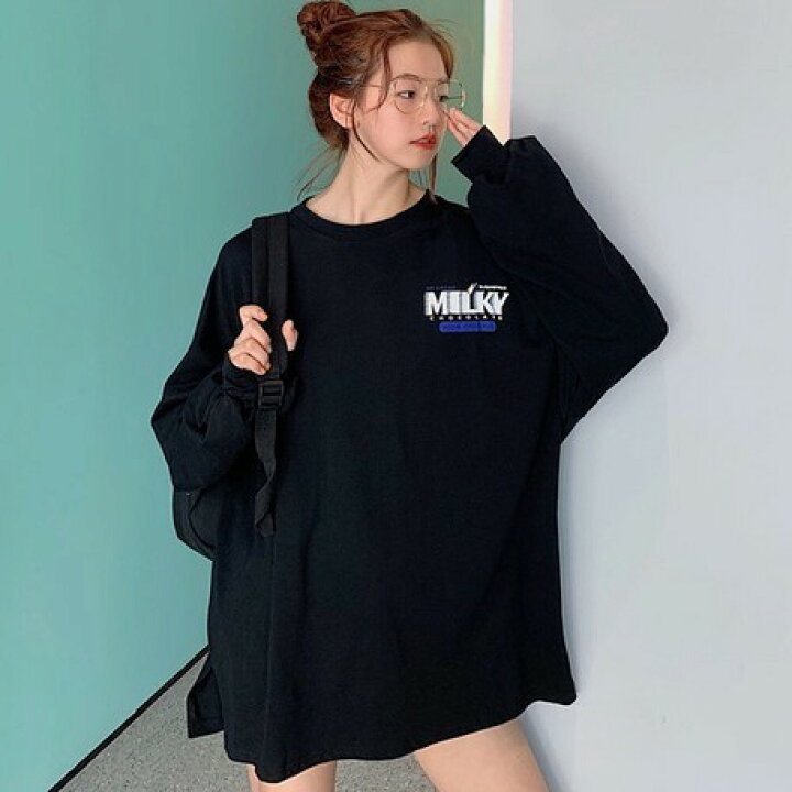 楽天市場 送料無料 韓国ファッション 韓国服 デカt ビックtシャツ ぶかぶかtシャツ レディース 長袖tシャツ ロンt ゆったり カジュアル シンプル かわいい おしゃれ かっこいい 春 春服 ロゴｔ ホワイト ブラック 白 黒 白ｔ Fwat