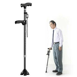 ステッキ 杖 倒れない 自立式4点杖 男女兼用 クレバーケーン伸縮式 軽量 アルミ製 補助ハンドル付き 高齢者 介護/歩行支援 松葉杖 LEDラ