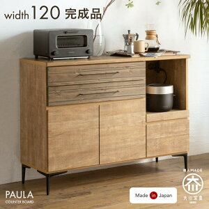 ヴィンテージ調 キッチンカウンター 国産 完成品 幅120 カップボード レンジ台 キッチンボード 食器棚 ロータイプ キッチン収納 レンジ 引き出し 間仕切り 天然木 木製 大川家具 おしゃれ 背