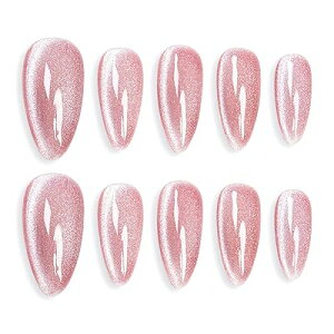 手作り ネイルチップ ミディアム ロング アーモンド 無地 撫子色 サンゴピンク キャッツアイ マグネット おしゃれ 付け爪 10枚入 (#124 M)