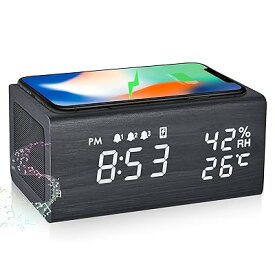 目覚まし時計 めざまし時計 スピーカー Bluetooth5.0 Qiワイヤレス充電器 3組アラーム 木目 置き時計 デジタル時計 卓上時計 湿度 温度計機能 年月日表示 メモリバッテリー付き 電波法技適 Qi認証（ブラック）