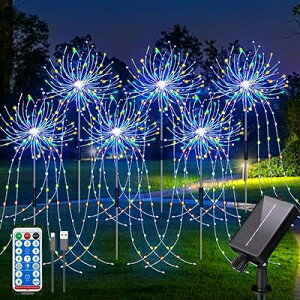 6パック720LED屋外ソーラー七色花火ライト、庭の雰囲気装飾灯にリモコン付き、 防水ソーラーとUSB給電の花火ライト、8パターンのDIYパスライト。