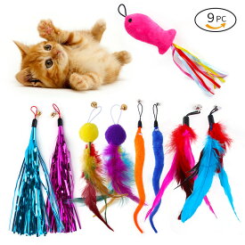 9個入り カラフルな羽根交換ヘッド 猫のおもちゃ インタラクティブで面白い猫用スティック