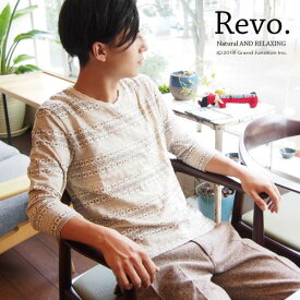 [Revo.]ジャカードボーダープリントVネックTシャツ 7分袖総柄 レボ