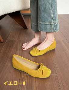 パンプス レディース ローヒール インソール4cm スクエアトゥ バレエシューズ フラットシューズ リボン付き 歩きやすい 履きやすい 美脚効果 カジュアル 通勤 旅行 大きいサイズ 小さいサイ