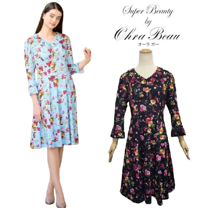 楽天市場】スーパービューティー ワンピース バラ柄プリント 襟フリル  