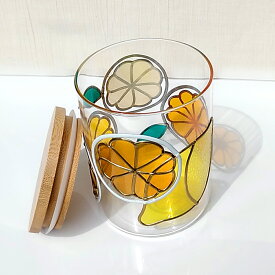 レモンオレンジのガラスポット　キャニスター　ガラス容器　ステンドグラス風　グラスアート