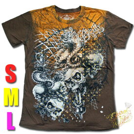 シロイネコ MINUTE MIRTH/Tシャツ【スカル＆コブラ】山吹色x茶 メンズ tシャツ 半袖 綿 ロック ロックンロール パンク タトゥー 刺青 ロカビリー チカーノ