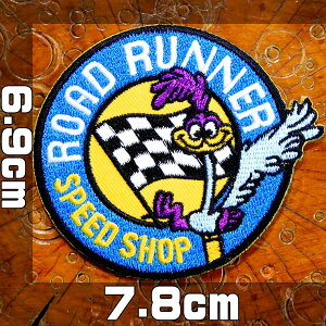 アメカジワッペン アップリケ パッチ【スピードショップ ロードランナー・チェッカーフラッグ】ホットロッド アメ車 アニマル 鳥 糊付き 装飾材料 通販 刺繍アイロンワッペン SPEED SHOP ROAD R