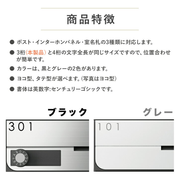 楽天市場 ナスタ ルームナンバー 3桁 数字 切文字シールタイプ ヨコ タテ型 品番 Ks Ncy T 3 黒 グレー 2色 部屋番号 耐候性シール 3ケタ ポスト インターホンパネル 室名札対応 集合住宅 アパート マンション スコッチカルシート Nasta ガデアメ