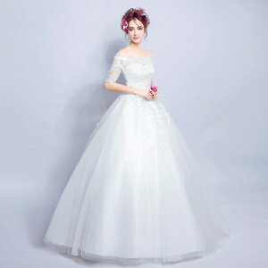 【一部即納】ウェディングドレス  Aラインのウェディングドレス レース オフショルダー ウエディングドレス 刺繍のビスチェとスカート 二次会 ウェディングドレス パーティードレス・