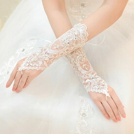 ウエディング グローブ お花レース 手袋 レディース 指なし　白/ブライダル グローブ/結婚式 グローブ/フォーマル/グローブ ドレス/サテン/ウエディング 小物/ウエディング ドレス/結婚式/二次会/パーティー
