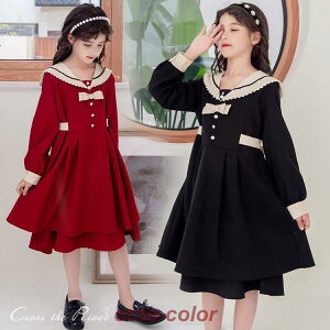 セーラー襟 入学式 ワンピース 女の子 黒 赤 卒業式 フォーマル ワンピース 春 長袖 レイヤー 韓国 子供 ジュニア 膝丈 発表会 ピアノ発表会 キッズ 卒服 お受験