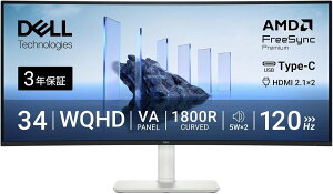 Dell S3425DW 34�C���` �Ȗ� ���j�^�[(���P�_3�N�ۏ�/WQHD/VA�����,1800R�Ȗ�/USB Type-Cx1,HDMIx2/DCI-P3 95%/1ms,120Hz/FreeSync Premium/HDR10/�����X�s�[�J�[/��������) �y�V�i�z