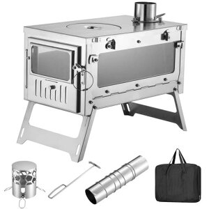 SENQI薪ストーブ二次燃焼キャンプ用焚き火ストーブ2面ガラス窓煙突3メートルキャンプ調理器具クッキングストーブ折りたたみストーブ灰受け付き携帯便利暖炉煙突付きテント調理
