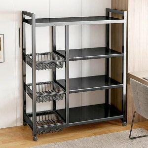 HEEOREVスチールラック棚キャスター付き(サイズ:92x32x109cm)ブラックキッチンラックキッチン収納食器棚収納棚レンジ台電子レンジ台3つのワイヤーバスケットが付いている調節可能な4段の台…