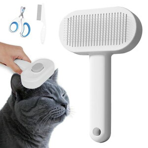 Okikiペットブラシ3点セット(ブラシ+コーム+爪切り)猫・犬用ブラシワンタッチ痛くない抜け毛対策短毛・長毛対応グルーミングお手入れ簡単