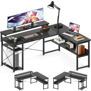 ODKパソコンデスク幅155ゲーミングデスクデスクl字机棚付きpcデスク3段階モニター台付き収納deskオフィスデスク仕事用在宅勤務組立簡単ブラック