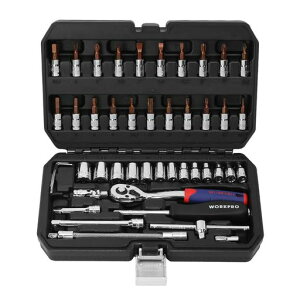 WORKPROソケットレンチセットラチェットレンチオフセットタイプ差込角6.35mm(1/4インチ)46点組自動車修理車メンテナンスガレージツールセット作業セット工具道具専用収納ケース付属