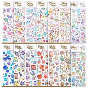SANNIXキラキラシール女の子14シートごほうびシール手帳ステッカーぷくぷくシールキラキラハート立体デコステッカーごほうびスケジュール帳海洋生物と蝶花