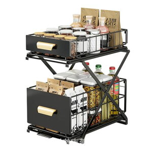 キッチン下収納2段、スライド式収納ラック、シンク下収納、幅26CM奥行き40cm(ハンドル含む43.5cm)高さ32.5-43.5CM設置不要の調味料収納ラック多機能オイルボトル引き出し収納アーティファク…