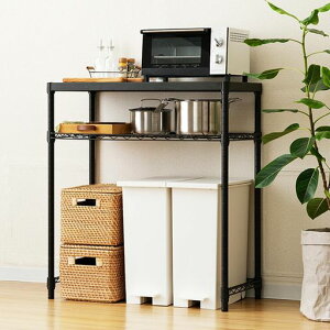 ドウシシャルミナスノワールキッチンラック棚幅802段スリムゴミ箱上ラック全体耐荷重160kg大型レンジ対応レンジ台炊飯器作業台オシャレな黒コの字バーソリッドシェルフ幅81x奥行41x高さ9…