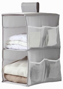 吊り下げ収納2段式3段式衣類ラッククローゼット水洗い可能防湿防カビ取り付け簡単下着靴下帽子収納インストール不要(グレー2段式)