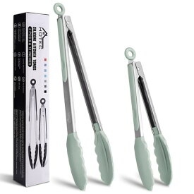 HOTECトングステンレスキッチントングシリコントングバーベキュー焼き肉/バーベキュー用耐熱抗菌ロック収納調理器具2本セット(浅緑)