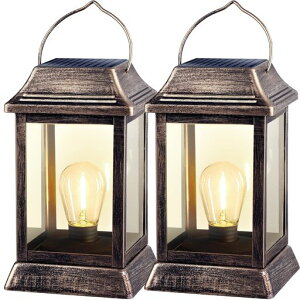 ソーラーライトンソーラーガーデ屋外暖色防水メタルランタンライト電球LEDランタン自動点灯ヤードライト装飾ぶら下げガーデンライト歩道2パックブラウン