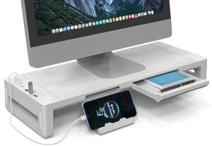 EAYHMモニター台卓上USBドッキング付きPC机上台USB/TYPE-C急速充電対応折りたたみ可能パソコンスタンド引き出しとスマホホルダー付きパソコン台幅3段階可変モニタースタンド耐荷重25Kg(白-USB…