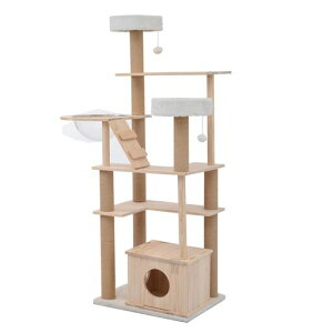 OSJキャットタワー猫タワーペットハウスペット用品天然木製宇宙船付き麻紐支柱爪とぎおもちゃ付き安定感隠れ家上りやすいはしごクリアボウル省スペース多頭飼い角丸据え置き型おしゃれ