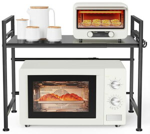 レンジ上ラックトースターラック伸縮式幅(40-60cm)キッチン電子レンジ台棚板高さ3段調節耐荷重50kgフック5つ付き組み立て簡単お洒落収納ラックブラック
