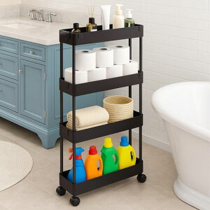 LONGSHININGキッチンワゴンスリムキャスター付き収納ワゴンキッチンラック4段隙間収納幅39x奥行12.5x高さ85cmワゴン調味料棚キッチン洗面所収納4枚ホック付きカンタン組立ブラック