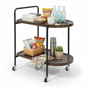 2階建ての鉄骨構造家庭用カート、静音自在輪移動、リビングキッチン移動置物棚、大容量設計と安定した構造64*40*65cm、レトロな胡桃木色