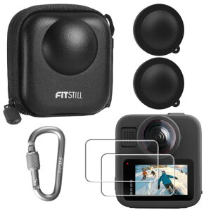 FiTSTILL �u���b�N PU �n�[�h�g���x���X�g���[�W�P�[�X + 2 ���̋����K���X�X�N���[���v���e�N�^�[ + �V���R�������Y�ی�J�o�[ Go Pro Max 2 �p 9H �d�x�����K���X Ultra HD Go Pro Max 2 �A�N�Z�T���[