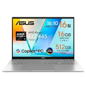 ASUS �m�[�g�p�\�R�� Vivobook S 16 M3607GA 16�C���` AMD Ryzen AI 7 445 ������16GB SSD 512GB Windows 11 �o�b�e���[�쓮 18.2���� �d�� 1.7kg Wi-Fi 6