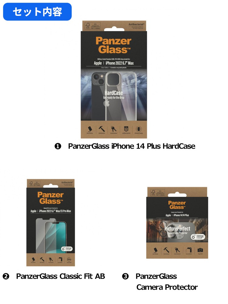 【PanzerGlass お得な3点セット】 iPhone 14 Plus 保護ガラス 耐衝撃ハードケース カメラレンズプロテクター  Gadget market 