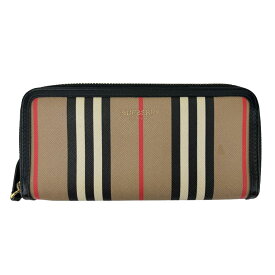 【BURBERRY】バーバリー 8027427 ICON STRIPE E-CANVAS ラウンドファスナー 長財布 PVC/レザー ARCHIVE BEIGE(ベージュ系/ブラック) 【送料無料】【中古】