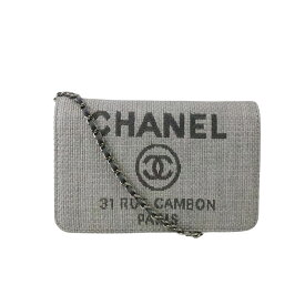【CHANEL】シャネル ドーヴィルチェーンウォレット A80795 グレー ストロー/ラムレザー チェーンウォレット/財布 /ショルダーバッグ【送料無料】【中古】
